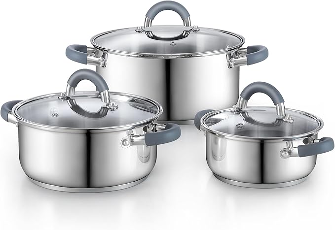 Cook N Home Stainless Steel Pot Set with Glass Lid, 6 Pieces Basics Cookware Set with Stay-Cool Silicone Handles, 1.5/3/5.5 Quarts Small Cooking Stock Pot Saucier Casserole