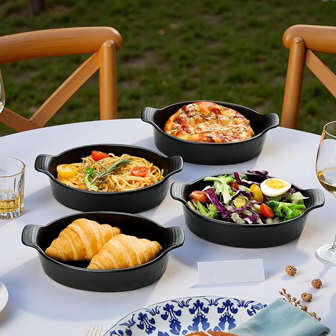 Oval Au Gratin Baking Dishes Set of 4 9" x 5" 19 oz matte black Ceramic Oven Safe & Heat Resistant With Handles for Small Mini Casseroles Cooking & Serving
