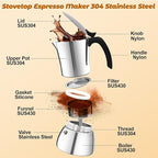 No Coating 6 Cup Thickened 304 Stainless Steel Moka Pot Stovetop Espresso Maker Italian Coffee Machine 300ml 10oz Suitable for Gas Induction Stovetop Greca Coffee Maker Percolator