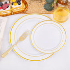 I00000 200 Pcs Gold Plastic Plates - Disposable Party Plates Include 100 Dinner Plate and 100 Elegant Dessert Plate Perfect for Party, Holiday, Wedding & Birthday