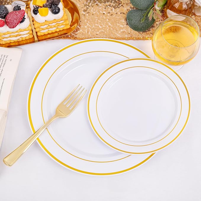 I00000 200 Pcs Gold Plastic Plates - Disposable Party Plates Include 100 Dinner Plate and 100 Elegant Dessert Plate Perfect for Party, Holiday, Wedding & Birthday