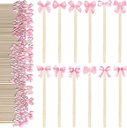 JarThenaAMCS 120Pcs Pink Bow Coffee Stirrers Watercolor Multiple Bowknot Disposable Stir Sticks Wooden Drink Stirrers for Home Office Bar Restaurant Party Supplies