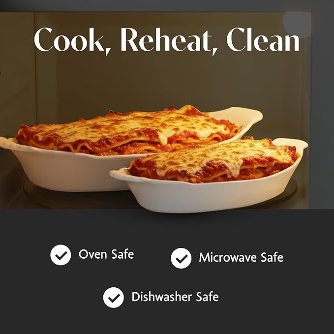 BIA Cordon Bleu Classic Bakeware Set, Oval Au Gratin Dishes - Set of 2 (24 oz & 10 oz), Microwave, Oven & Dishwasher Safe, Glossy White Porcelain for Baking & Serving - Great Gift for Home Chefs