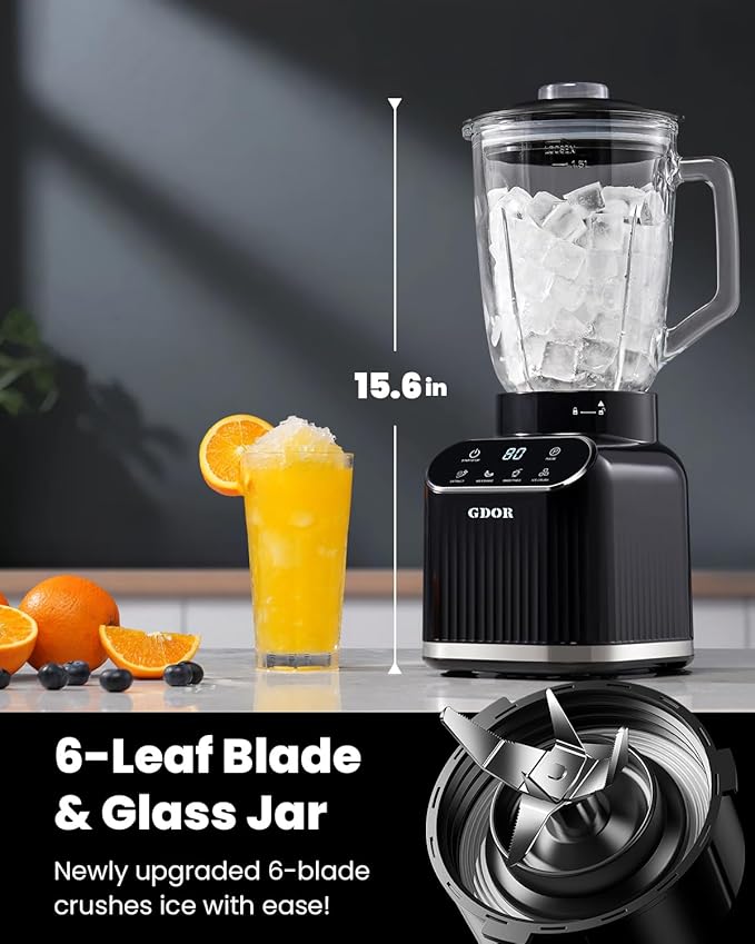 GDOR Professional Blender for Kitchen, 1200 Peak Watts Smoothie Blender, 5 Functions for Ice Crushing & Frozen Fruit, 52 Oz Glass Jar & 24 Oz To-Go Cup Combo, Self-Cleaning, Black