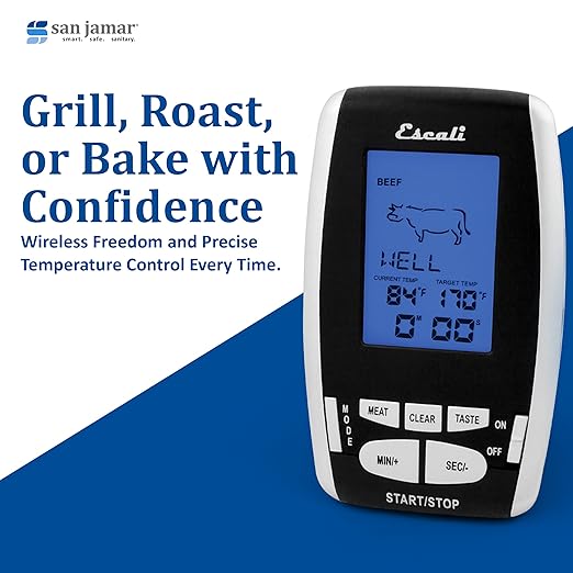 San Jamar Escali Plastic Wireless Thermometer & Timer, Custom Alerts, Stainless Steel Probe with 200ft Range for Commerical Kitchen, Black