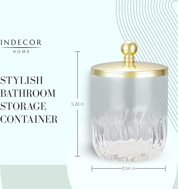 Clear Transparent Apothecary Vertical Wavy Glass Jar With Gold Metal Lid Cover for Bathroom Organization, Cotton Balls, Q Tips, and Small Accessories, Bathroom Storage