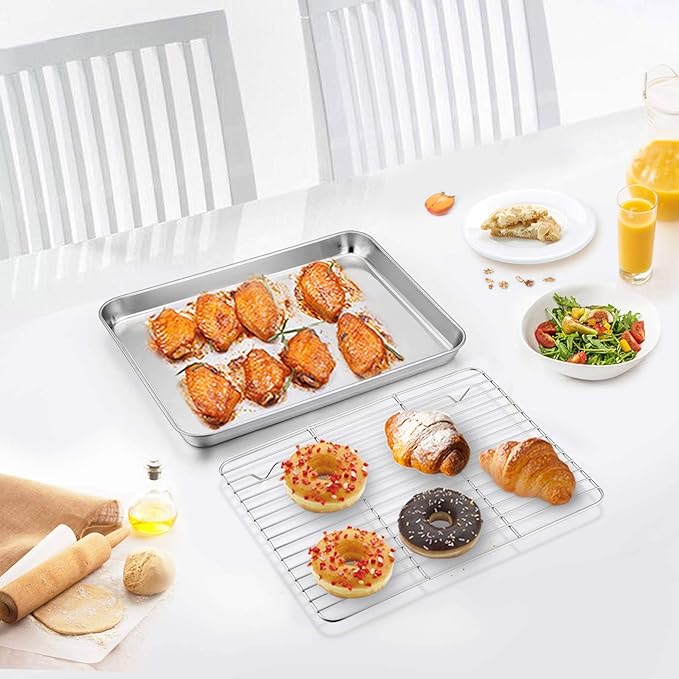 TeamFar Toaster Oven Pans, 10.5’’ x 8’’ Stainless Steel Small Bakeware with Rack & Lid for Baking Cooling Storing, Non-Toxic & Heavy Duty, Deep & Visible Lid, Dishwasher Safe-4 PCS