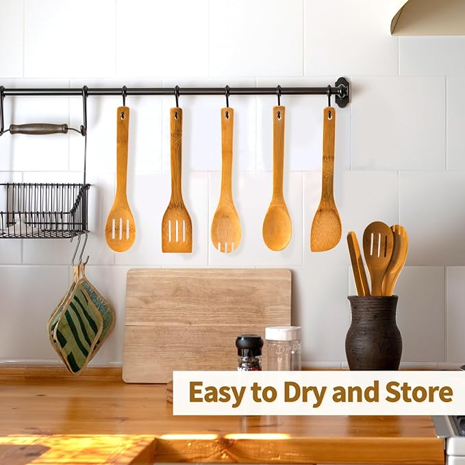 Eisinly Wooden Spoons for Cooking 7-Piece, Kitchen Nonstick Bamboo Cooking Utensils Set, Carbonized Bamboo Durability Spatula Spoon for Everyday Use