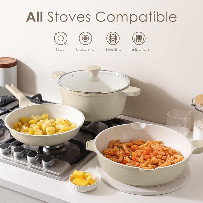 SENSARTE Nonstick Ceramic Cookware Set Large-Size 13-Piece, Healthy Pots and Pans Set, Non-toxic Kitchen Cooking Set with Stay-Cool Handles, PFAS and PFOA Free, Cream White