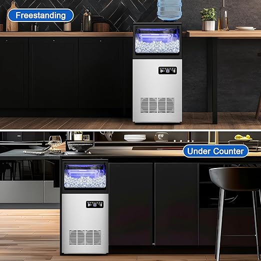 Commercial Ice Maker Machine 110 LBS/24H, 36 Ice Trays Freestanding & Undercounter Ice Machine Stainless Steel with 20 LBS Ice Storage Capacity, Ice Maker with Water Line and Filter, Dual Water Inlet