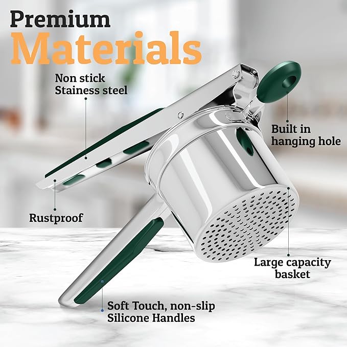 PriorityChef Large 15oz Potato Ricer, Heavy Duty Stainless Steel Potato Masher and Ricer Kitchen Tool, Press and Mash Kitchen Gadget For Perfect Mashed Potatoes - Everytime, Green