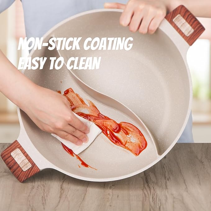 7-QT Shabu Shabu Hot Pot with Divider Double Flavor Divided Stockpot with Glass Lid Dual Sided Soup Cookware for Induction Cooktop Gas Stove Hot Burner