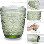 abrwyy 6Pcs Green Drinking Glassware, 10oz Drinking Glasses, Heavy Duty Glass Cups, Colored Embossed Glasses Set for Party Wedding Home Office Glassesware Gift