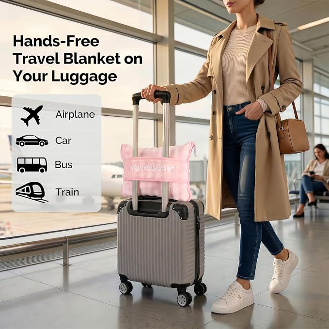 Pink Travel Blanket for Airplane, Soft Lightweight Flannel Blanket, Compact & Portable with Storage Bag, Luggage Strap & Clip, Cozy Travel Essential for Flights, Road Trips & More,40.7" x 64.1"