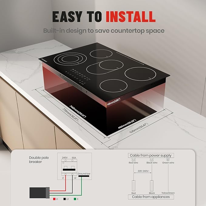 12-inch Electric Cooktop with 2 Burners - 9 Power Levels for Rapid, Even Heating, Compact Design, Child Safety Lock, Ceramic Glass Surface, 220-240V (Plug Not Included)