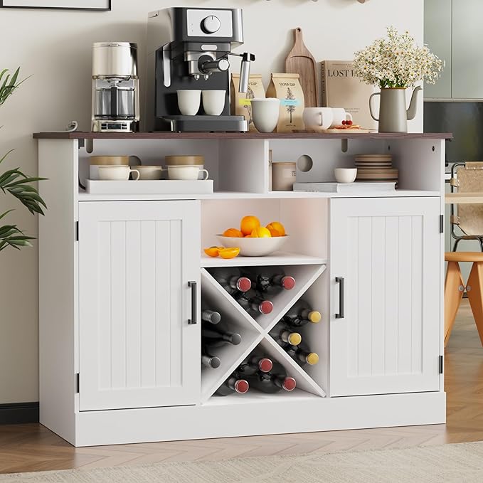MHOM Farmhouse Coffee Bar Cabinet with Prower Outlets, Rustic Liquor Cabinet with Wine Rack, Wooden Wine Cabinet for Dining Room & Living Room, White