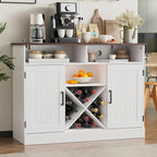 MHOM Farmhouse Coffee Bar Cabinet with Prower Outlets, Rustic Liquor Cabinet with Wine Rack, Wooden Wine Cabinet for Dining Room & Living Room, White