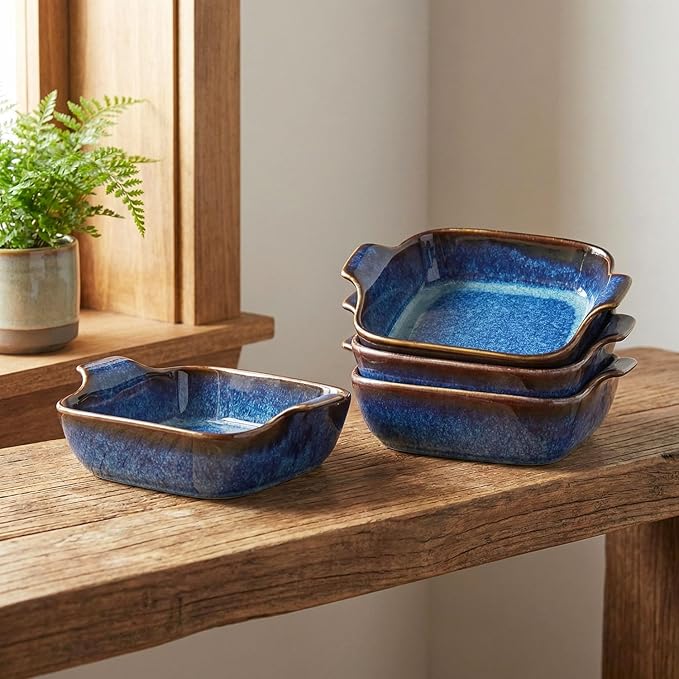 Ceramics Au Gratin baking Dishes Set of 4, Baking Tray Bake ware, 10.5 oz Ramekins, for Pie Pan, Appetizer, Tart, Dessert, Quiche, Oven Small dish, individual dishes, Square 7.3 Inch