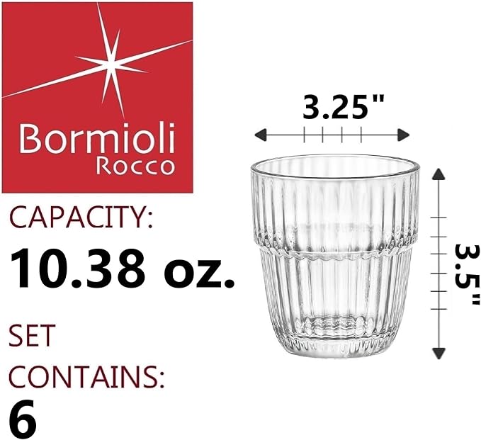 Bormioli Rocco Barshine 10.38 oz. Rocks Stackable Tempered Drinking Glasses, Set of 6, Clear