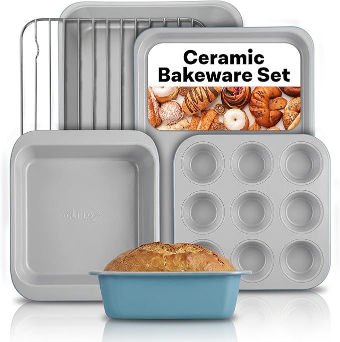 Gotham Steel 6 Pc Stackable Baking Pans Set, 70% Space Saving Design, Ceramic Bakeware Sets Non Toxic Made Without PFOA PFOS, with Baking Sheet Tray, Cake & Muffin Pans, Oven & Dishwasher Safe