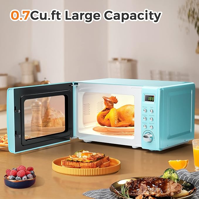 LDAILY 0.7Cu.ft Retro Small Microwave Oven, 700W Compact Countertop Microwave with 5 Power Levels, Auto Cooking Menus, Glass Turntable, Child Lock & Glass Turntable for Apartment, Dorm (Green)