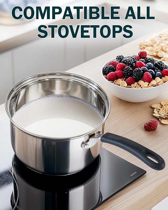 Cook N Home 2 Quart Stainless Steel Saucepan Set with Lid, Induction Compatible Milk Pots, Stay-Cool Silicone Handle, Mirror Polished 18/10 Cookware, Dishwasher & Oven Safe, Silver
