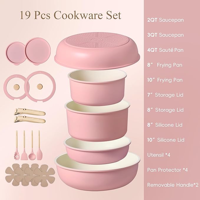 CAROTE Pots and Pans Set, Nonstick Cookware Set Detachable Handle, 19pcs Induction Kitchen Cookware Sets Non Stick with Removable Handle, RV Cookware Set, Oven Safe, Pink