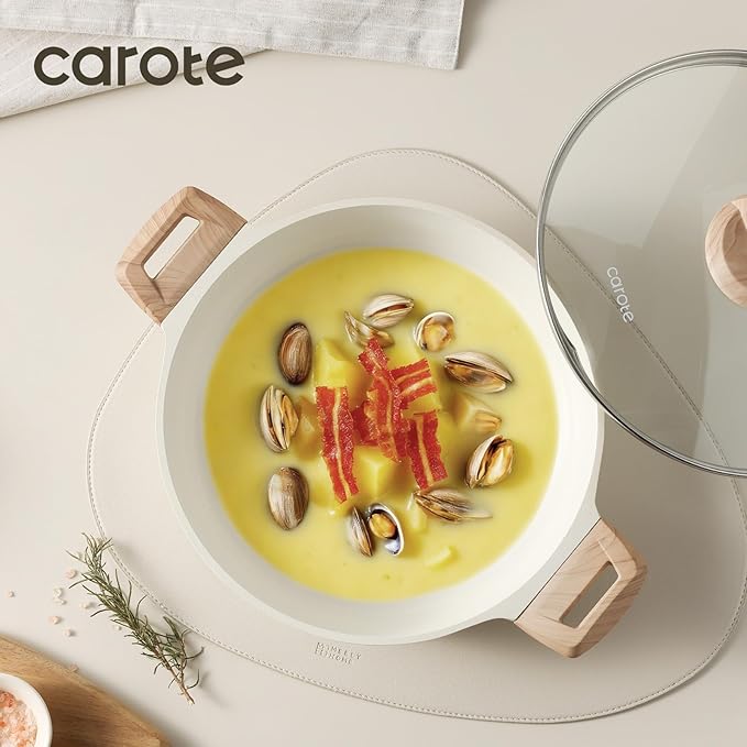CAROTE Nonstick Stock Pot with Lid Soup Pot, 4 Quart with Lid, Casserole Super Easy to Clean Non Stick Cooking Pot Cookware PFOA Free, White Granite