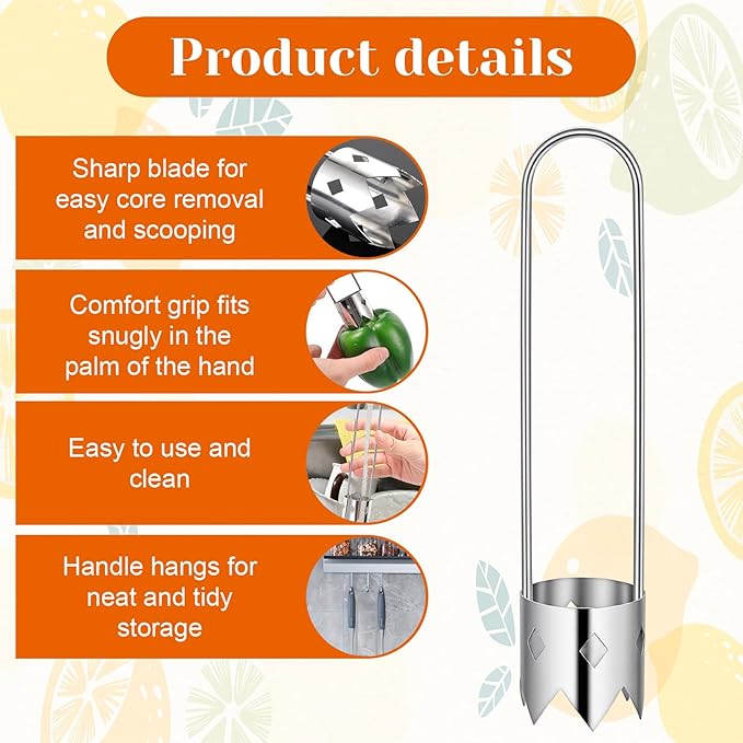 Yuanchu 3 Pcs Bell Pepper Seed Corers, Stainless Steel Corer Tool Multifunctional Fruit and Vegetable Corer for Bell Pepper, Pear, Practical Kitchen Gadget for Core and Seed Removal
