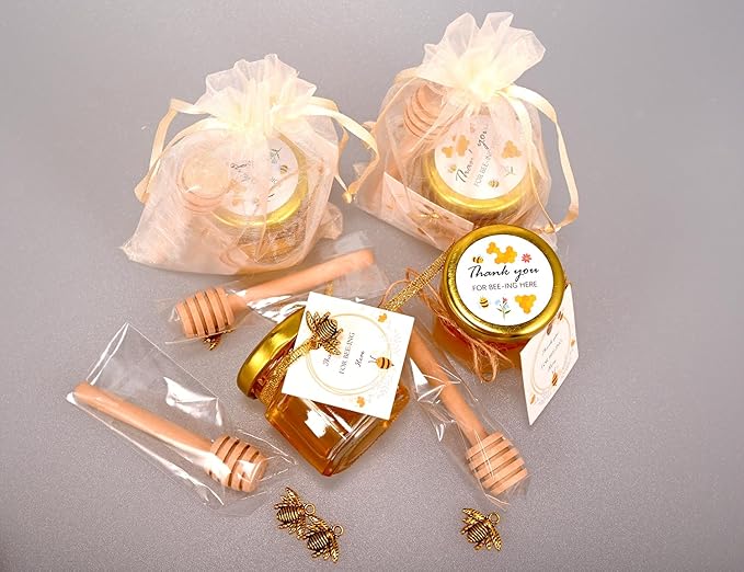 Adabocute Honey Pot, Mini Honey Jars with Wood Dipper, Gold Lid, Bee Pendants, Beige Gift Bags, Thanks for Beeing Here Tags, Mini Honey Jars for Baby Shower Favors Wedding Favors, 60 Pack