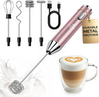 Zulay Kitchen Metal Rechargeable Milk Frother, 3 Whisk Attachments Handheld Frother Wand, 1800mAh USB-C Charging, Electric Drink Mixer for Protein, Matcha & Powders - One Charge Lasts up to 6 Months
