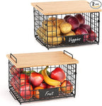 2 Set XL Wire Storage Basket with Bamboo Tops & Tags for Potato and Onion, Stackable Kitchen Counter Organizers for Pantry Organizer and Storage, Metal Storage Bins for Fruit Veggies Snack Can