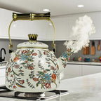 Vintage Enamel Tea Kettle, Colorful Floral Pattern Stovetop Teapot with Gold Handle, 2.5L Enamel Kettle Kitchen Decor, Ideal Gift for Housewarming Camping Coffee Pot