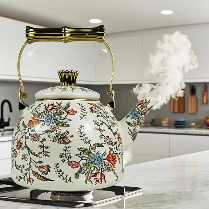 Vintage Enamel Tea Kettle, Colorful Floral Pattern Stovetop Teapot with Gold Handle, 2.5L Enamel Kettle Kitchen Decor, Ideal Gift for Housewarming Camping Coffee Pot