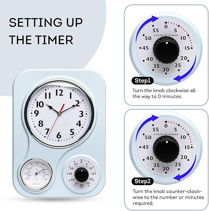 Lily's Home - 9.5 Inch x 12.5 Inch - Retro Kitchen Wall Clock, Vintage Wall Clock with a Thermometer and 60-Minute Timer, Ideal for Any Kitchen, Office, or Diner (Light Blue)
