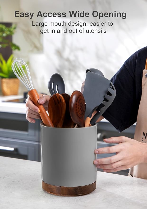 Nucookery 360° Rotating Utensil Holder, 7.2" Large Utensil Crock, White Ceramic Cooking Utensil Organizer with Countertop-Protection Cork Bottom for Farmhouse Kitchen Decor Gift (Gray)