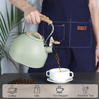 Tea Kettle, Vegoran 100 OZ / 3 Liter Whistling Tea Kettle, Tea Pots for Stove Top Food Grade Stainless Steel with Wood Pattern Folding Handle, Loud Whistle Kettle for Tea, Coffee, Milk (Green)