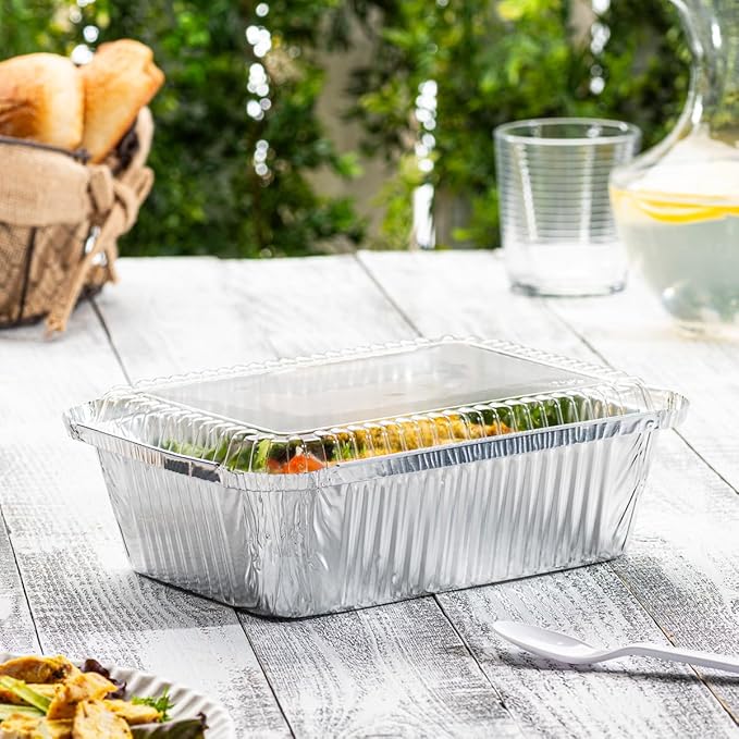 GUSTO [5 lb - 25 Count Disposable Aluminum Foil Pans with Clear Dome Lids, 6x9 Takeout Pans – Great for Baking, Cooking, Storage, and Freezing (Formerly Comfy Package)