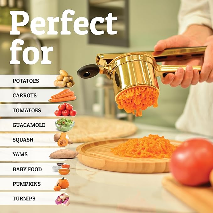 PriorityChef Large 15oz Potato Ricer, Heavy Duty Stainless Steel Potato Masher and Ricer Kitchen Tool, Press and Mash Kitchen Gadget For Perfect Mashed Potatoes - Everytime, Gold and Black