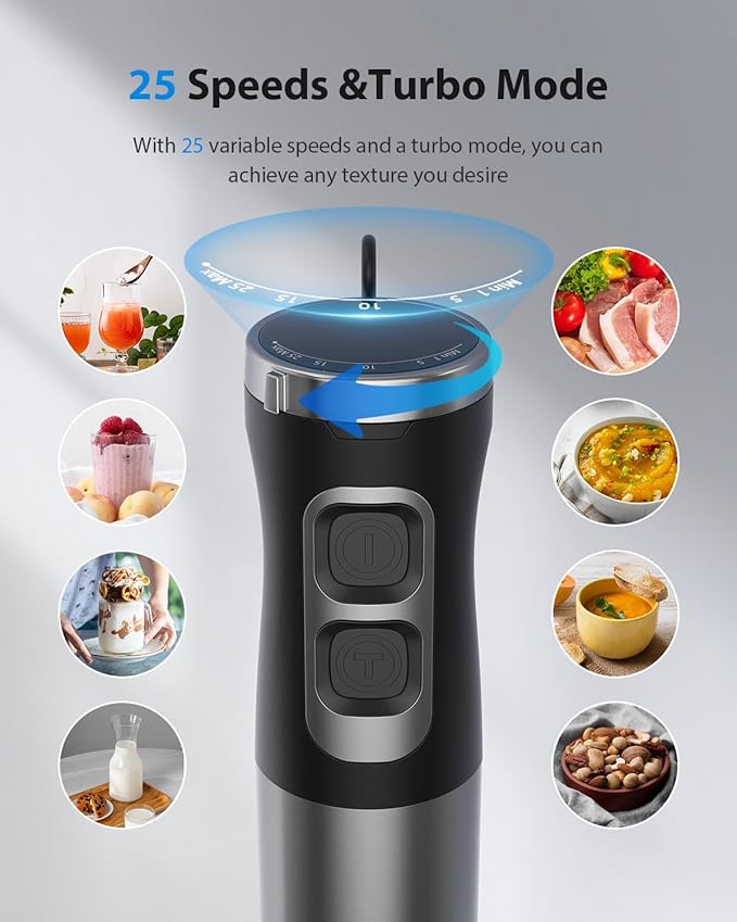 1000W Powerful Immersion Blender Handheld, 2025 New Update Hand Blender with 25-Speed and Heavy-Duty Copper Motor (Silver)