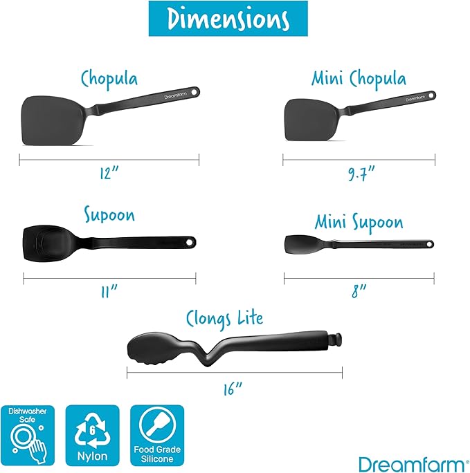 Dreamfarm Everyday Kitchen Essentials (Black) - Clongs Lite Click‑Lock Tongs, Supoon & Mini Supoon Scraper Spoons, Chopula & Mini Chopula Spatulas – Heat‑Resistant Nylon/Silicone for Cooking & Baking