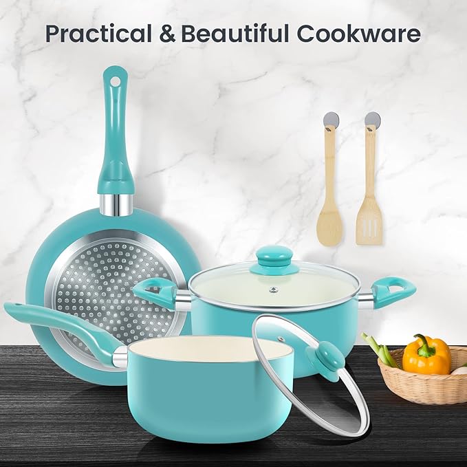 M MELENTA Pots and Pans Set, 7 Piece Nonstick Ceramic Cookware Set, Kitchen Induction Cookware Sets, Pots and Pans Non Stick with Stay Cool Handle, 100% PFOA Free, Turquoise