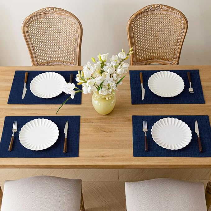 Placemats Set of 4, Bilayer Thickened Linen Place Mats Heat Resistant Machine Washable Wrinkle Free Carefully Selected Polyester Mats for Kitchen/Dining/Coffee Table (Navy Blue)
