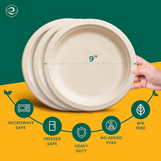 ECO SOUL Compostable 9 Inch(1000-Pack) Biodegradable Heavy-Duty Disposable Eco-Friendly Paper Plates for Christmas Dinner & Parties, Wedding, Event