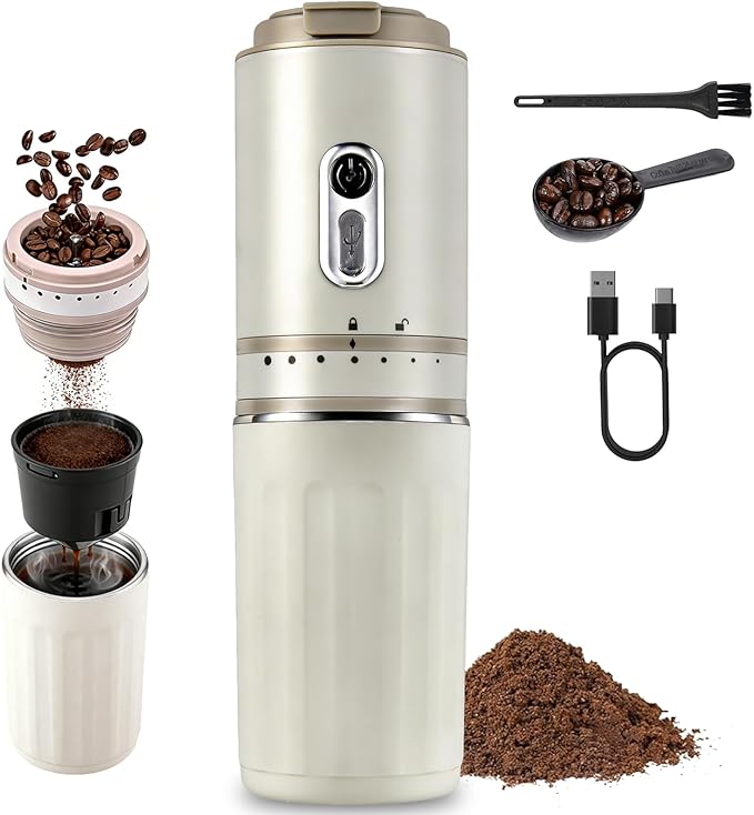 ALL-IN-ONE Portable Coffee Maker with Grinder and Pour Over for Travel, Rechargeable, Conical Burr, Cordless Mini Coffee Maker for Car, Camping, RV, Van