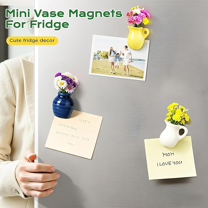 Renmxj Mini Ceramic Vase Magnets for Fridge, Cute Tiny Plant Vase Fridge Magnets for Kitchen Refrigerator Office Locker Decoration with Fake Flowers (5 Pack)