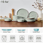 E-far 18-Piece Stoneware Dinnerware Sets, Plates and Bowls Sets for 6, Ceramic Dishware Dishes Set with Terracotta Base, Chip & Scratch Resistant, Microwave & Dishwasher Safe, Speckled Green