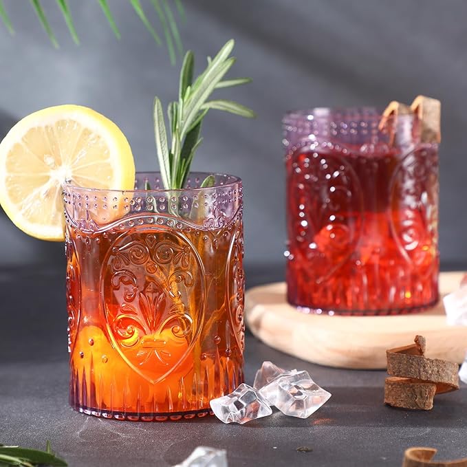 Qinyoung 24 Plastic Vintage Drinking Glasses 8.5oz Stemless Retro Embossed Wine Glasses Shatterproof Reusable Cups for Baby Shower Wedding Reception Grand Event Party (Purple)