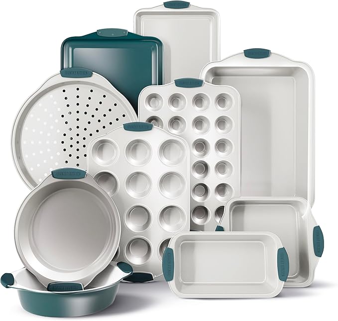 Country Kitchen Nonstick Stackable Bakeware Set - Heavy Duty, Durable, Easy Release Baking Set, Sage, 10 Pcs