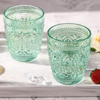abrwyy Green Drinking Glasses Set of 4, Vintage Drinking Glasses, Green Glassware Drinking, Beverage Glasses Cup, Vintage Glassware Set for Water, Juice, Cocktail, Coffee